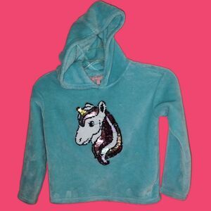 BCBG GIRLS Unicorn Sequin Fuzzy Blue Hoodie Size 5/6 XS